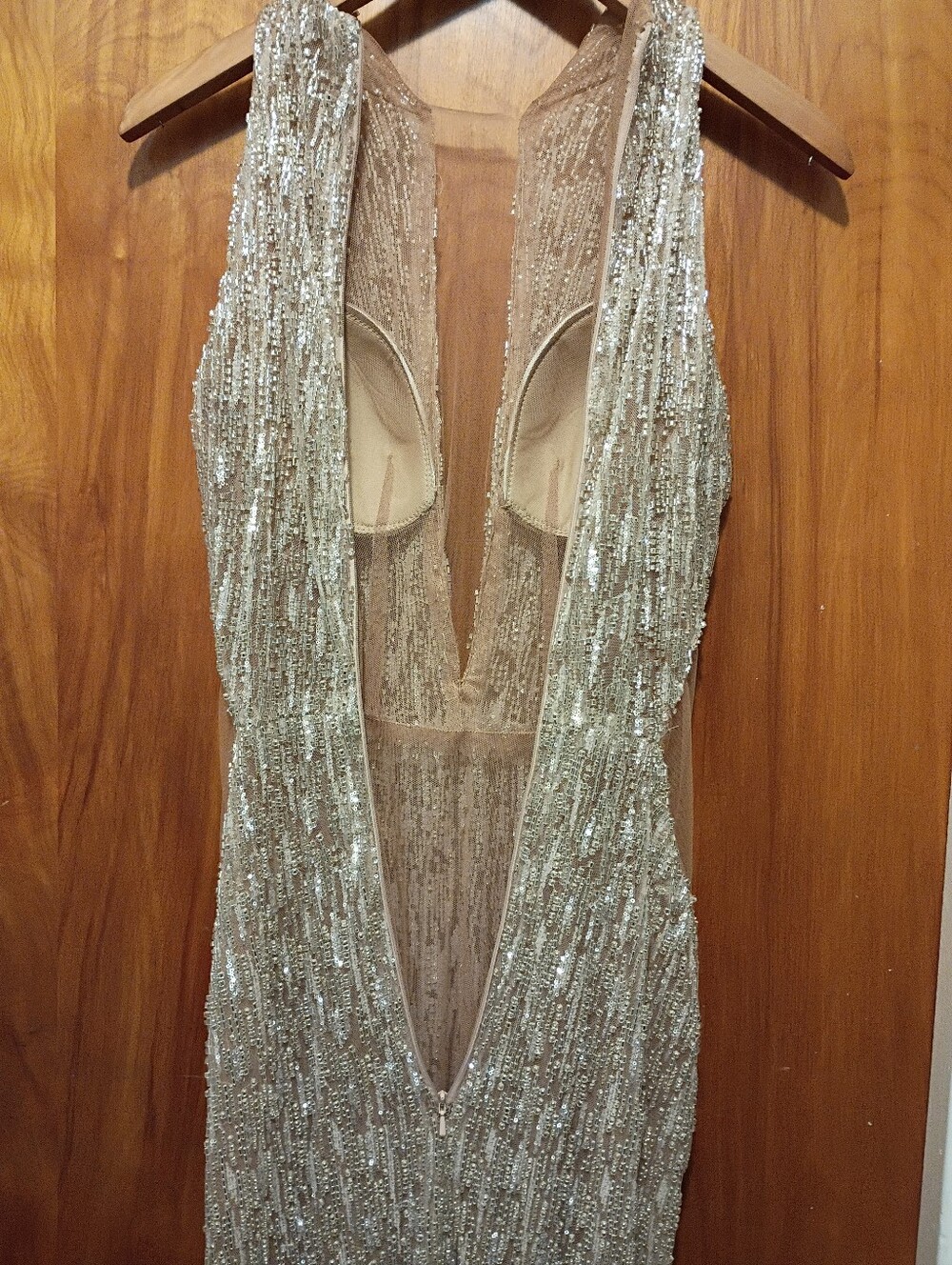 Sequin Metallic Gown with Deep V Neck - Picture 6 of 7